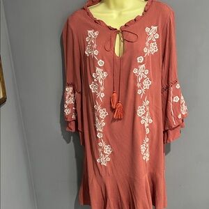 Bo ho Blue Rain Terracotta Mini Dress with White Embroidery